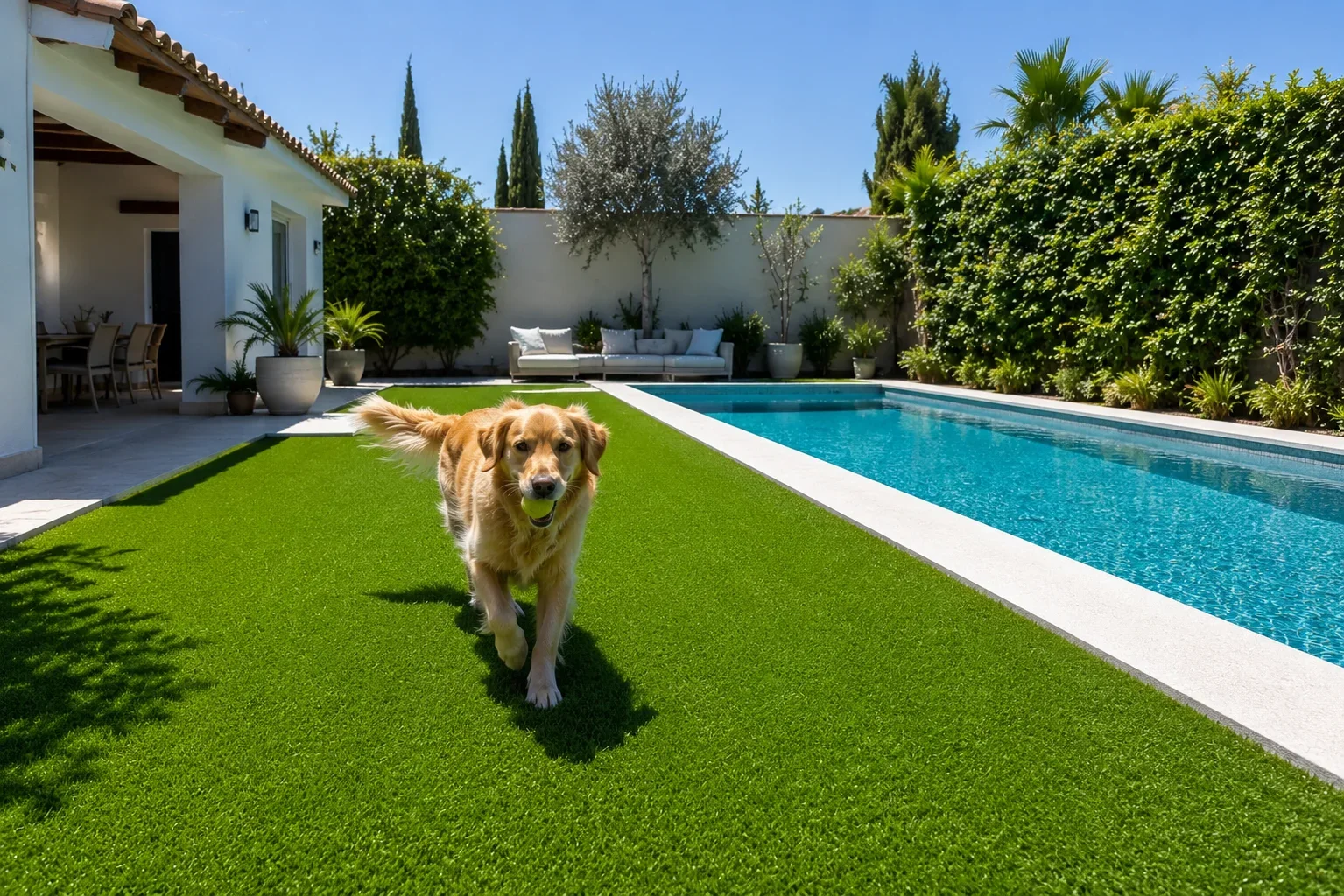 Perro jugando en jardín con césped artificial en Calpe