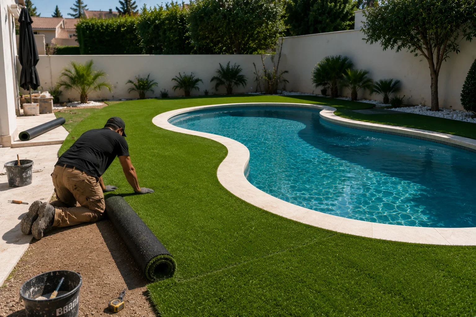 Técnico de Césped Artificial Calpe Sol rematando el césped junto a una piscina